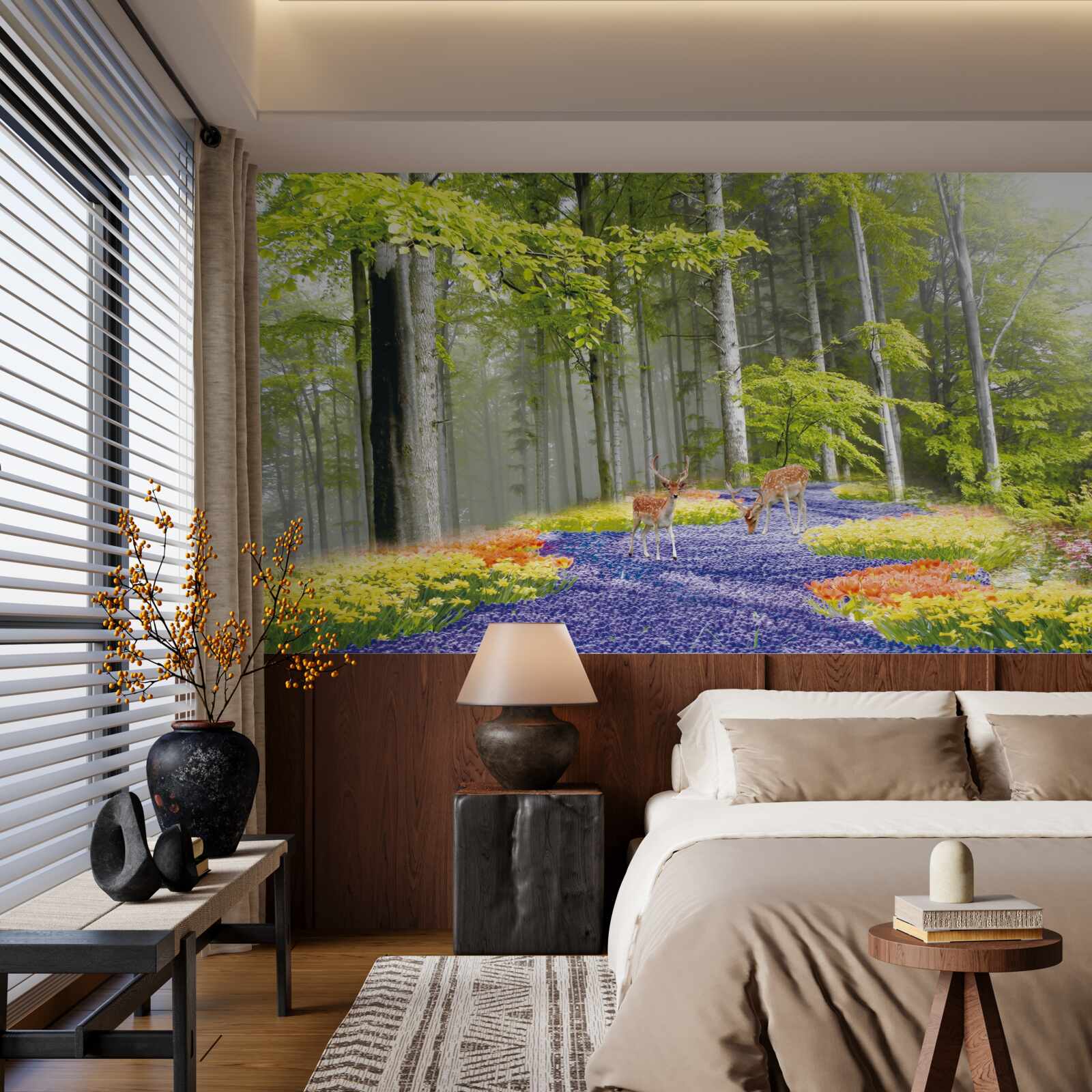 Papier peint des cerfs se promènent dans une forêt verdoyante