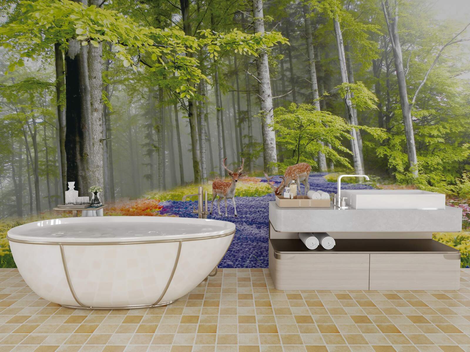 Papier peint des cerfs se promènent dans une forêt verdoyante