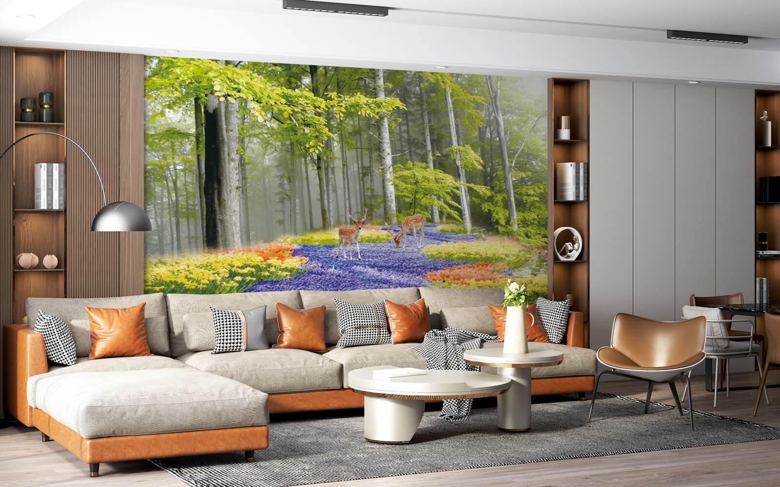 Papier peint des cerfs se promènent dans une forêt verdoyante