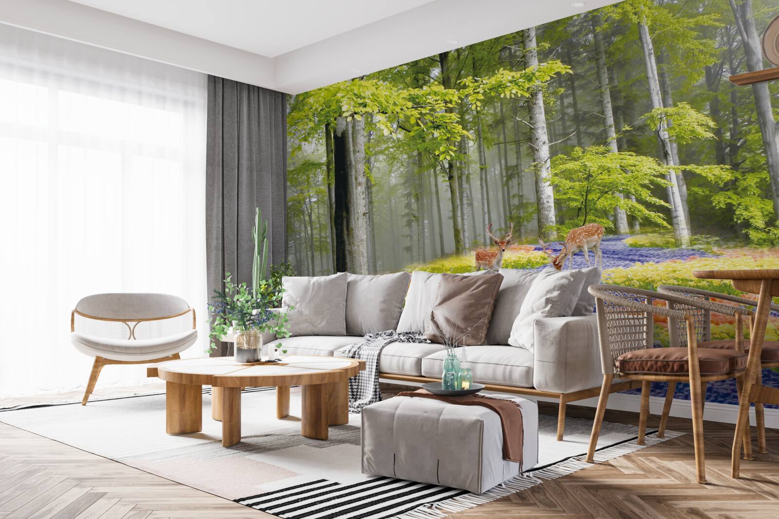 Papier peint des cerfs se promènent dans une forêt verdoyante