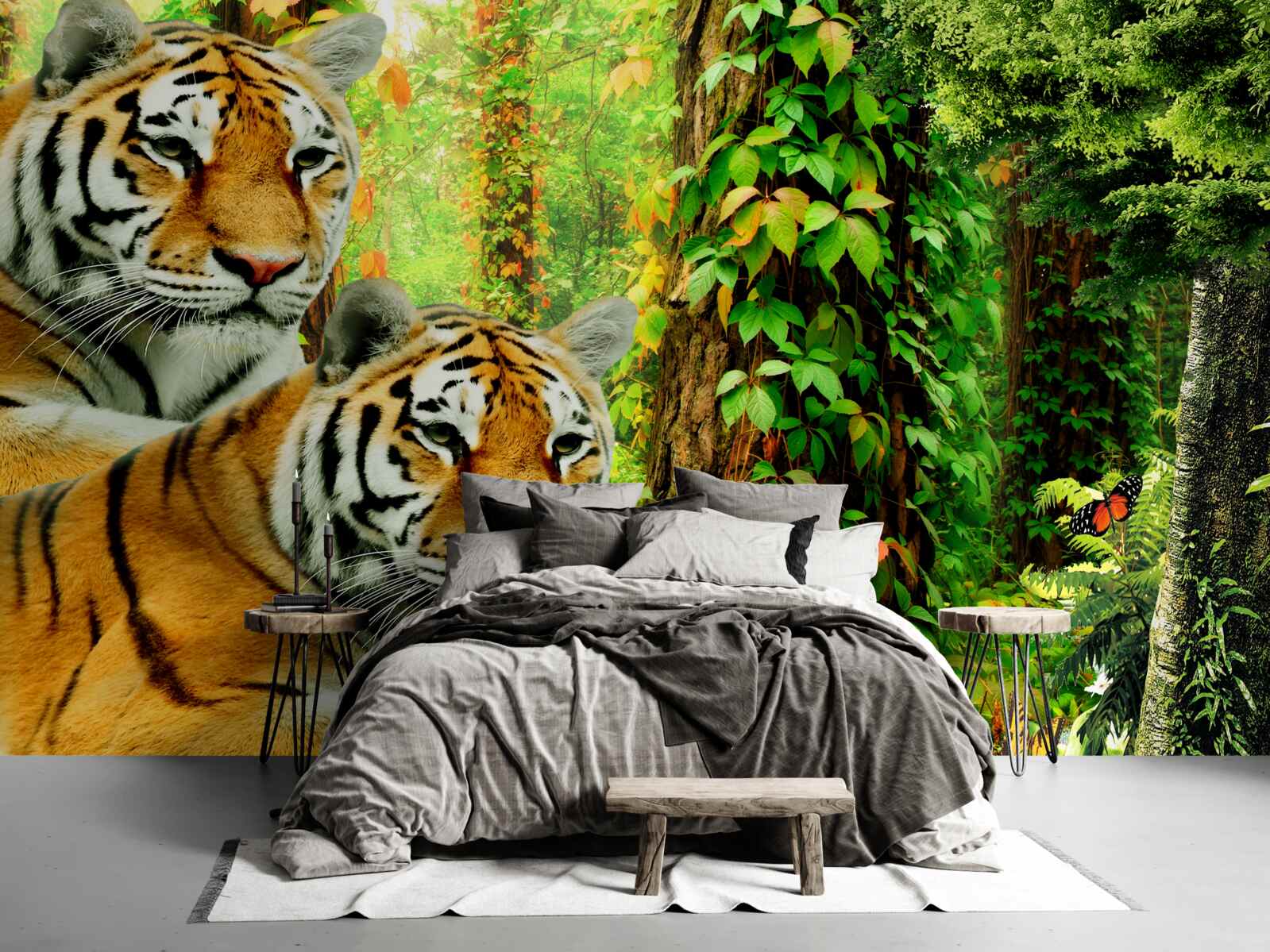 Papier peint une famille de tigres dans une forêt verdoyante