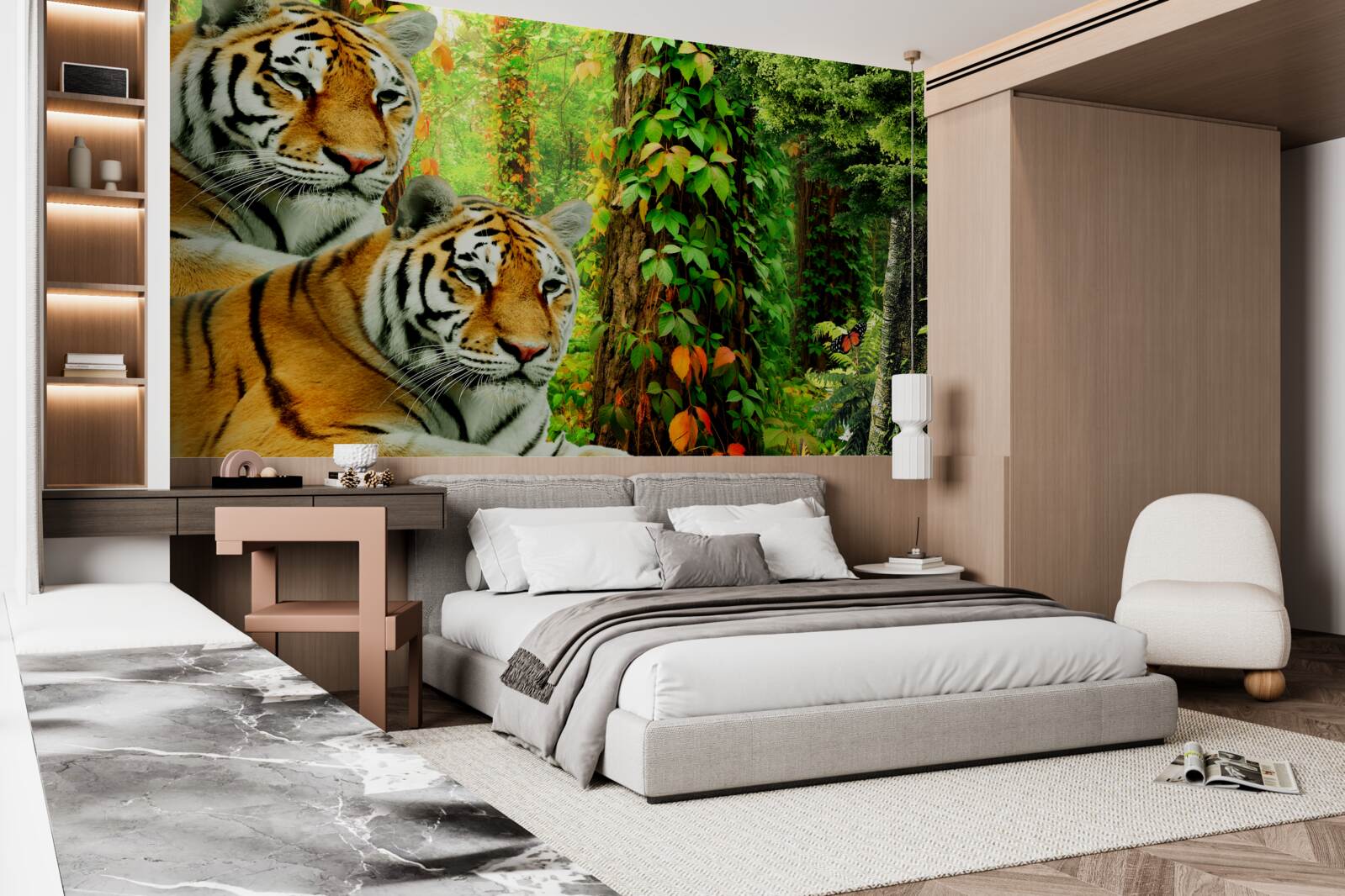 Papier peint une famille de tigres dans une forêt verdoyante