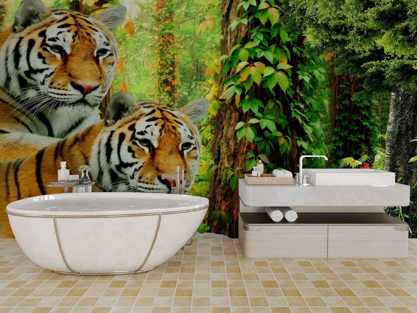 Papier peint une famille de tigres dans une forêt verdoyante
