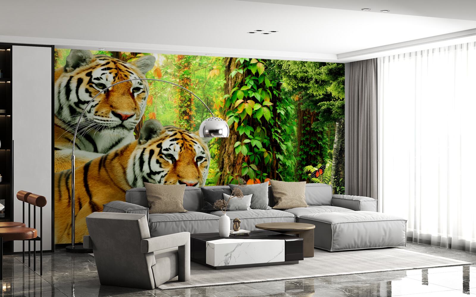 Papier peint une famille de tigres dans une forêt verdoyante