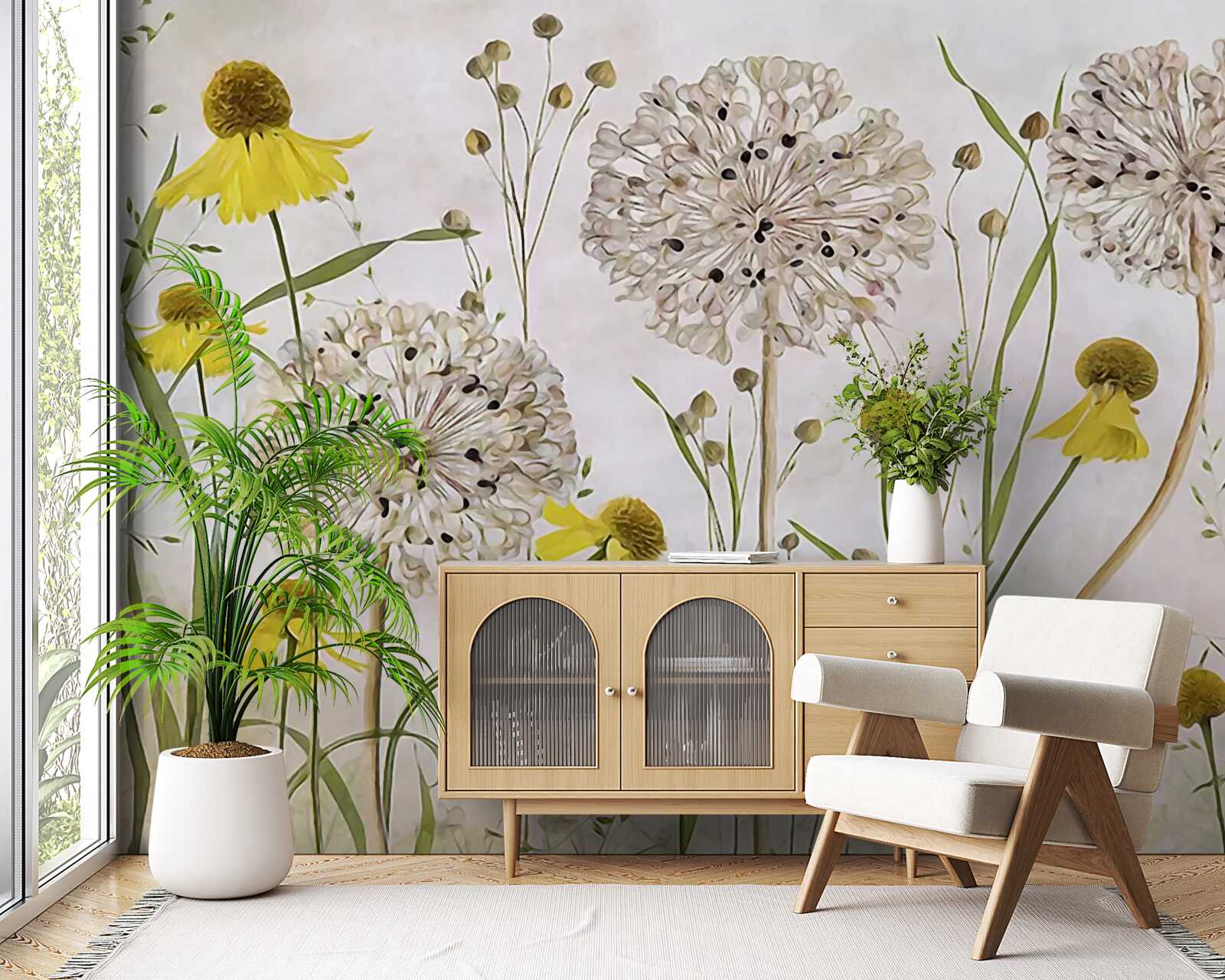 Papier peint fleurs de pissenlit dans la prairie et flore jaune