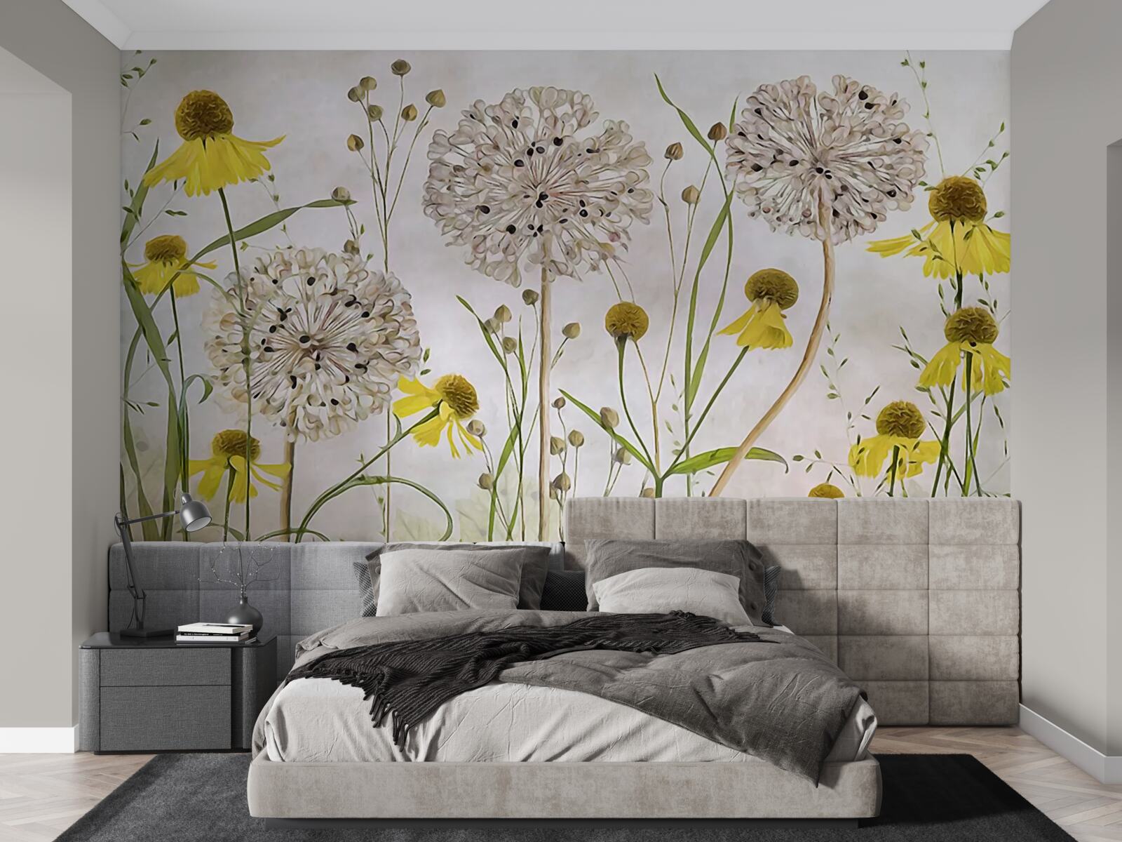 Papier peint fleurs de pissenlit dans la prairie et flore jaune