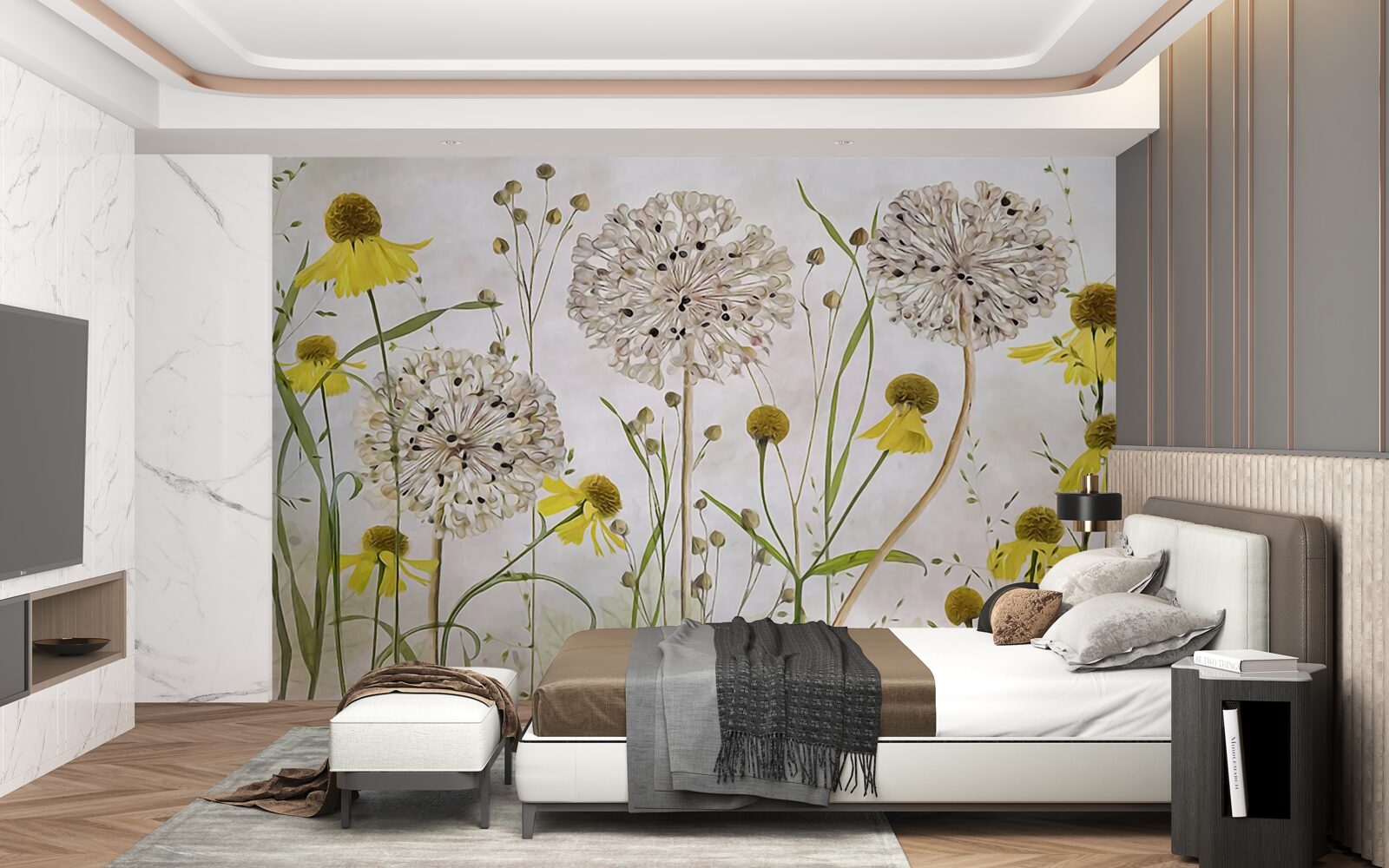 Papier peint fleurs de pissenlit dans la prairie et flore jaune