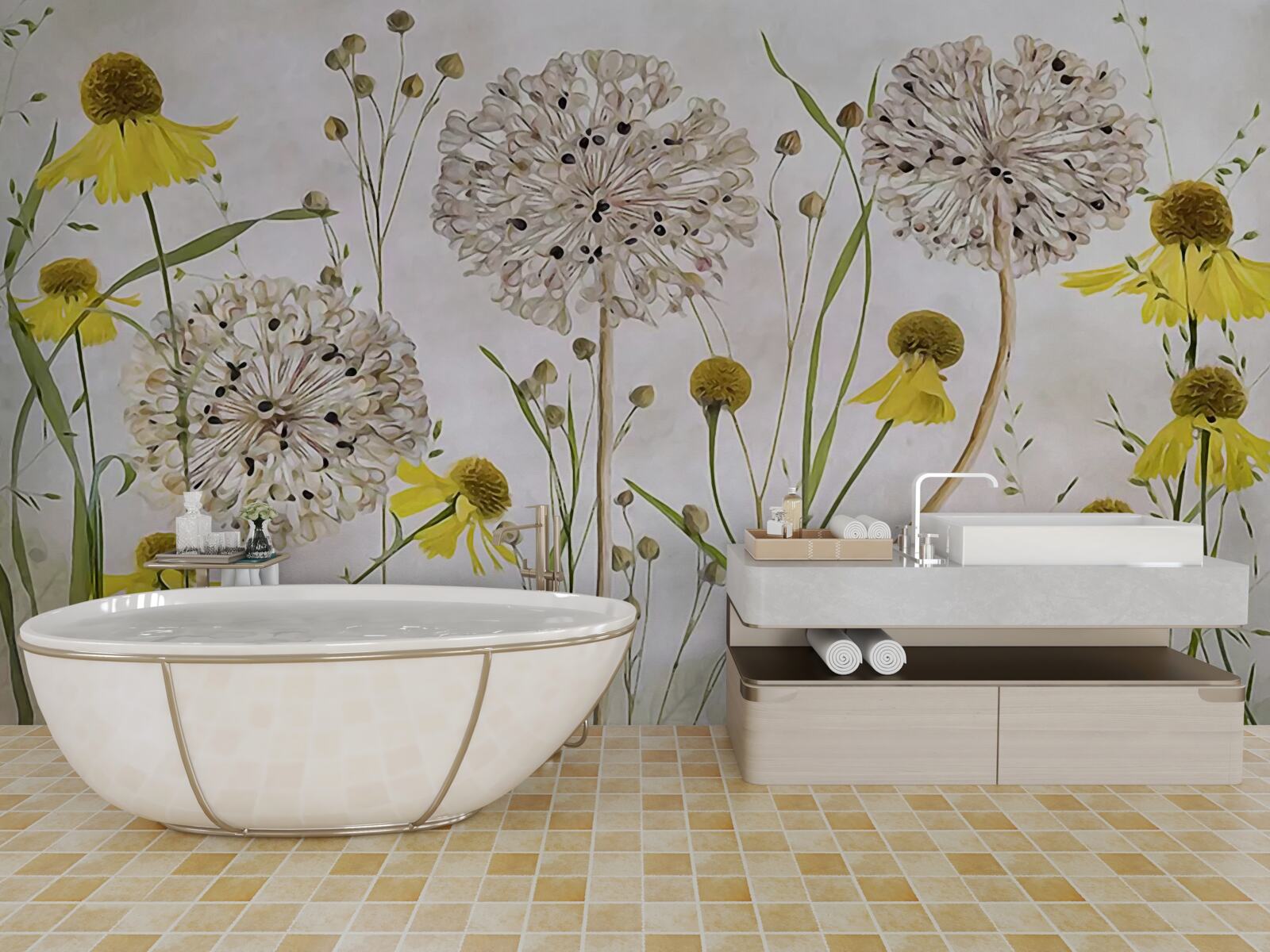 Papier peint fleurs de pissenlit dans la prairie et flore jaune