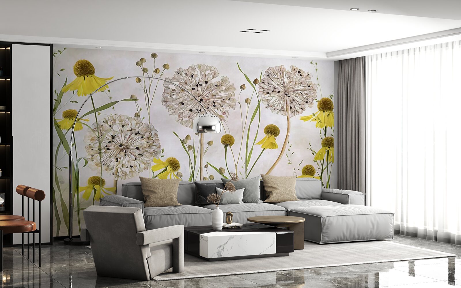 Papier peint fleurs de pissenlit dans la prairie et flore jaune