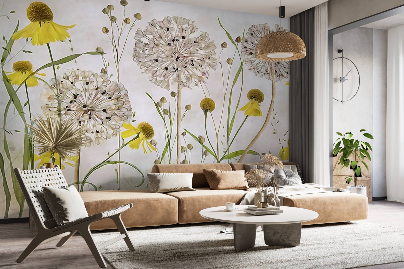 Papier peint fleurs de pissenlit dans la prairie et flore jaune