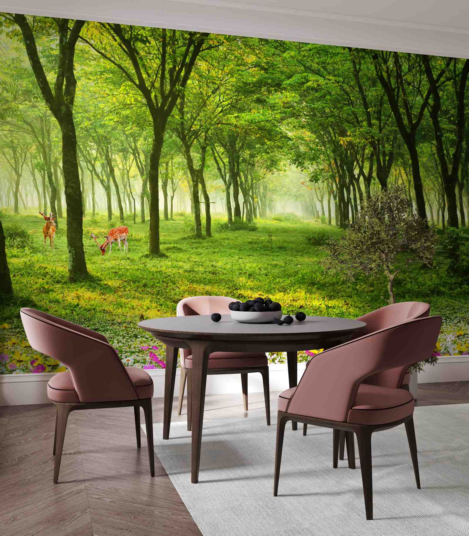 Papier peint Vue magnifique d'une forêt avec des cerfs sur un fond vert