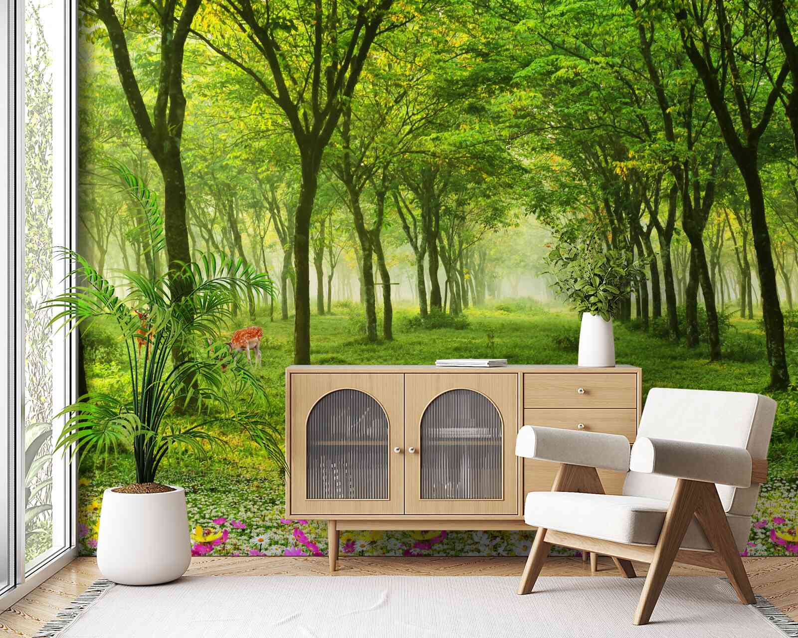 Papier peint Vue magnifique d'une forêt avec des cerfs sur un fond vert