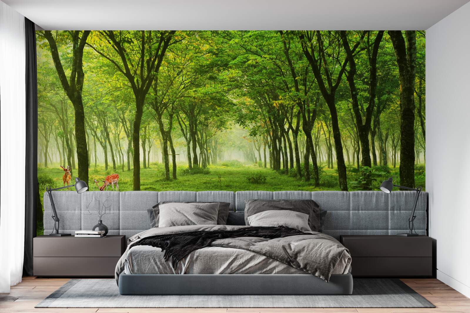 Papier peint Vue magnifique d'une forêt avec des cerfs sur un fond vert