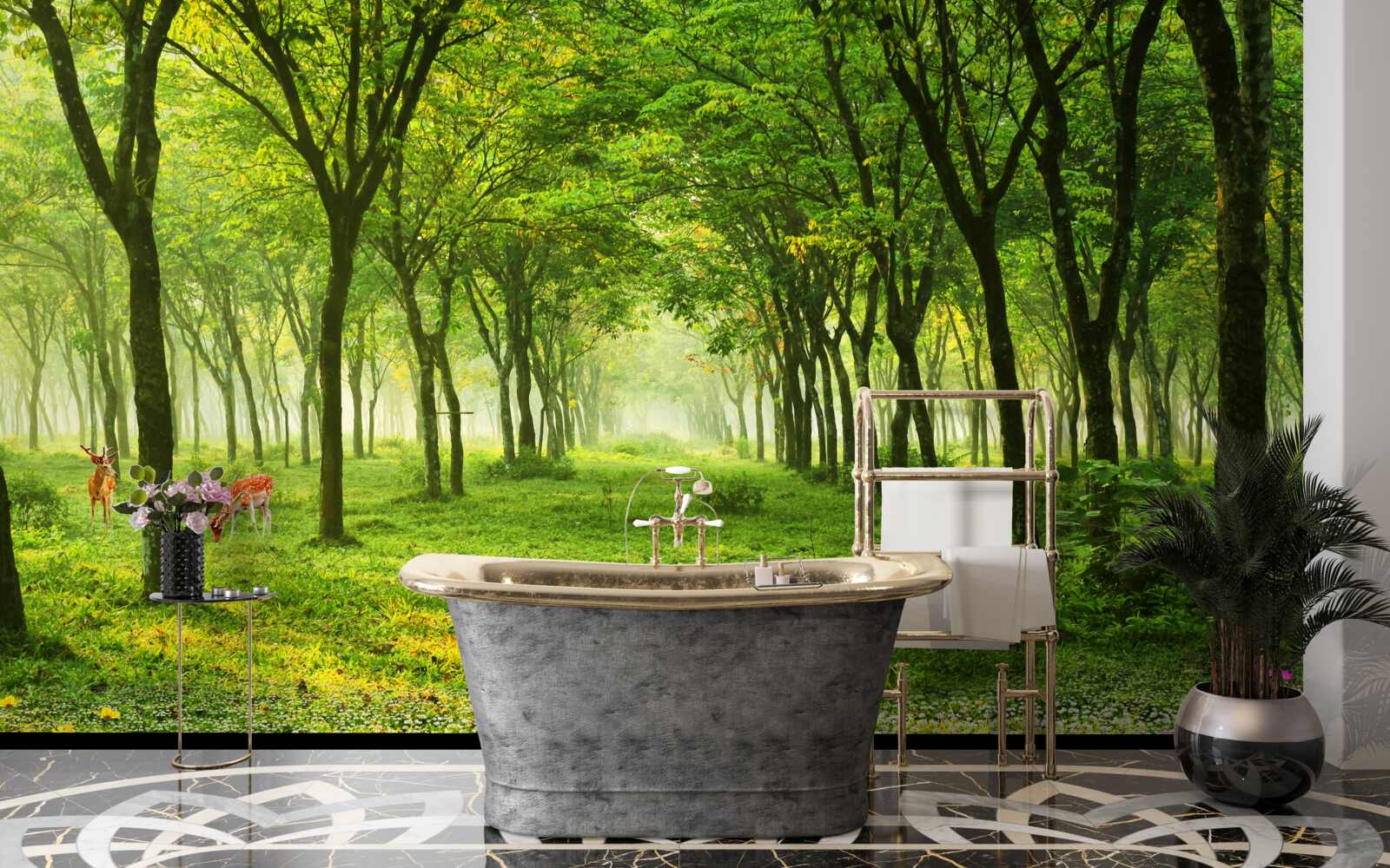 Papier peint Vue magnifique d'une forêt avec des cerfs sur un fond vert