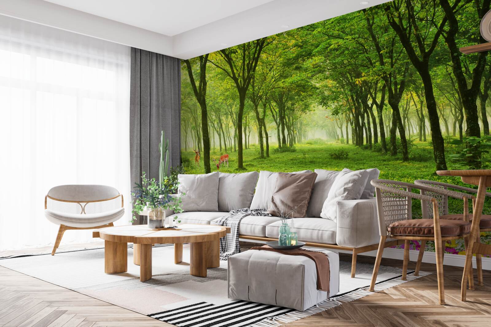 Papier peint Vue magnifique d'une forêt avec des cerfs sur un fond vert