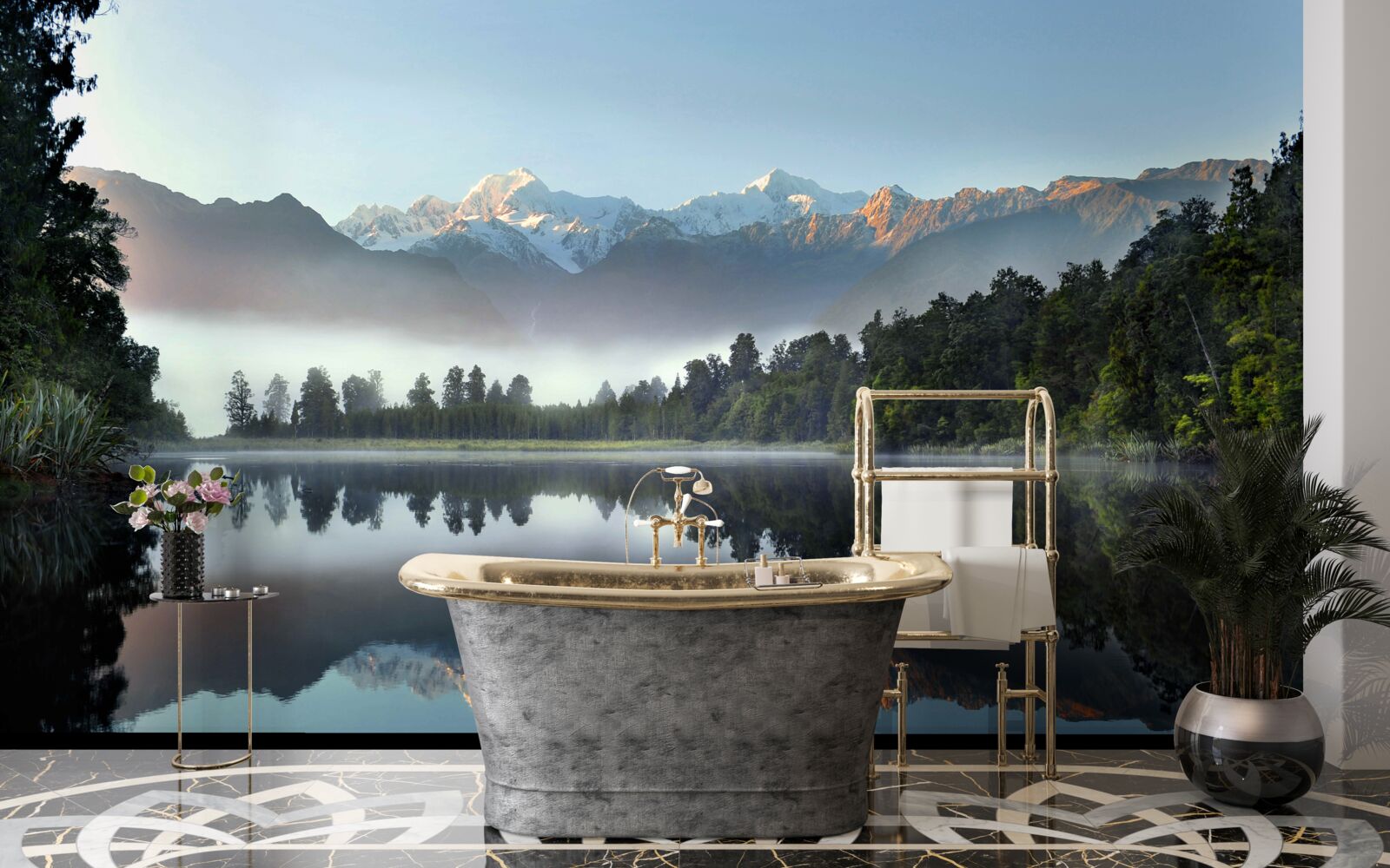 Papier peint le sommet d'un lac de montagne est couvert de brume