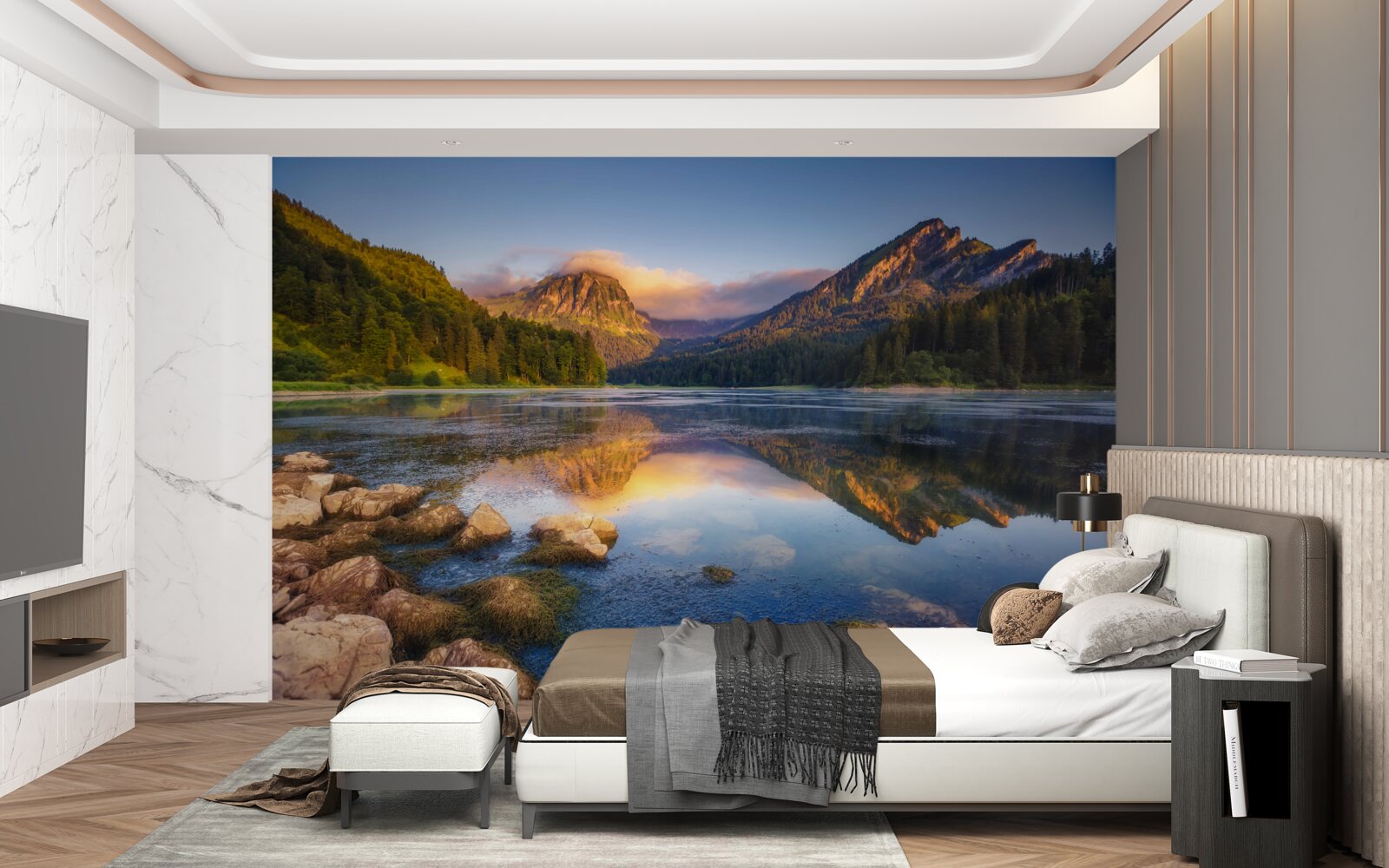 Papier peint coucher de soleil sur un lac de montagne calme