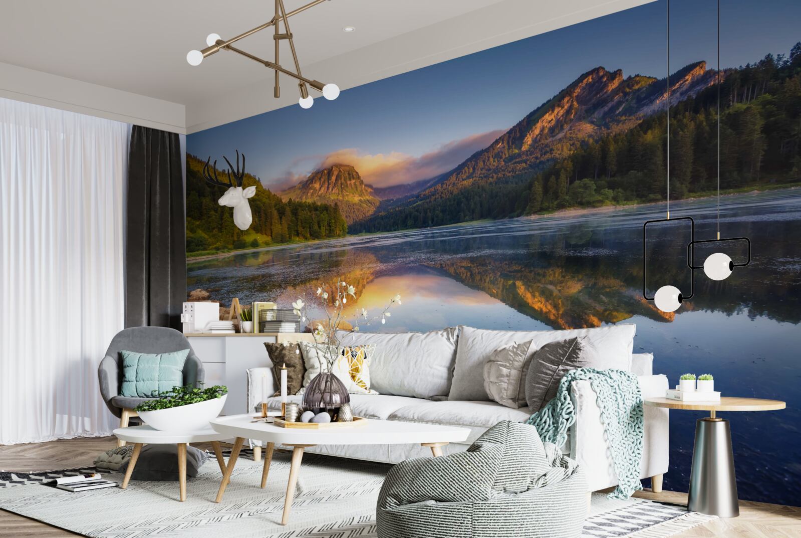 Papier peint coucher de soleil sur un lac de montagne calme