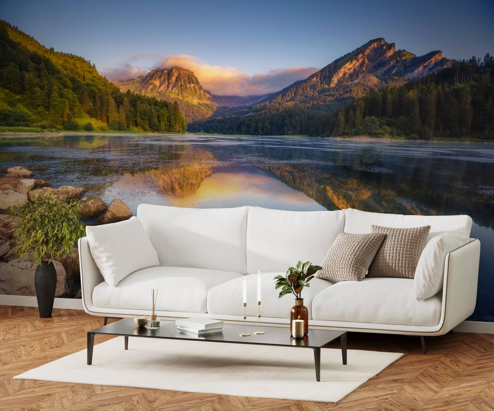 Papier peint coucher de soleil sur un lac de montagne calme