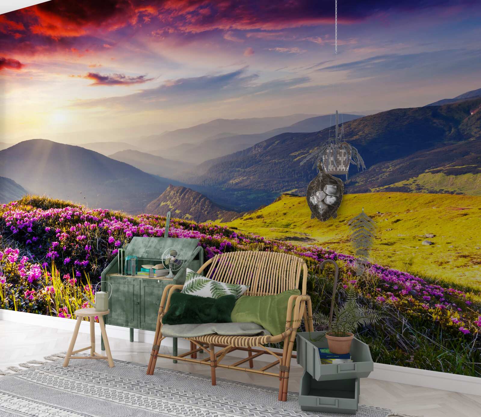 Papier peint à l'aube, les collines s'animent de couleurs vives