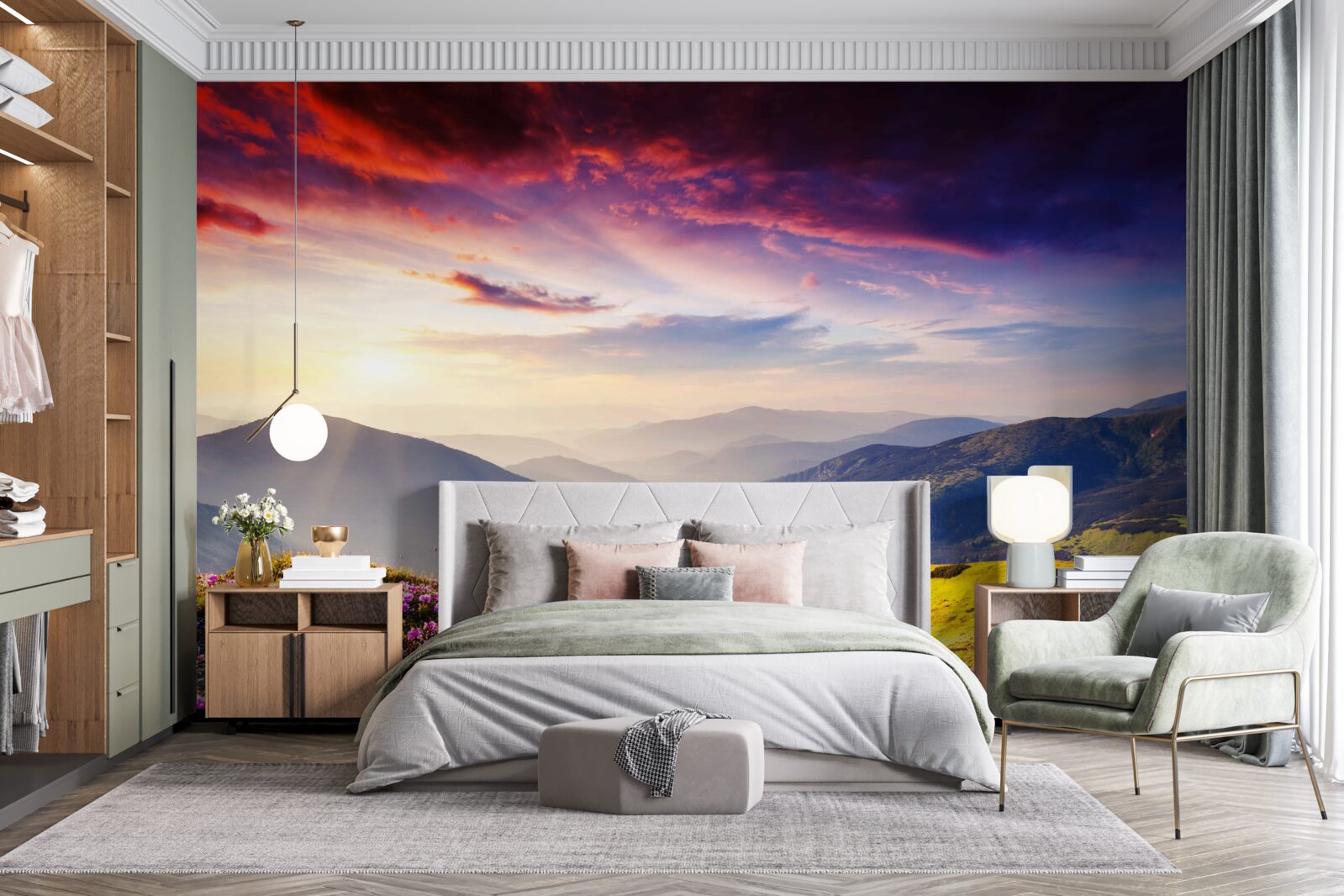 Papier peint à l'aube, les collines s'animent de couleurs vives