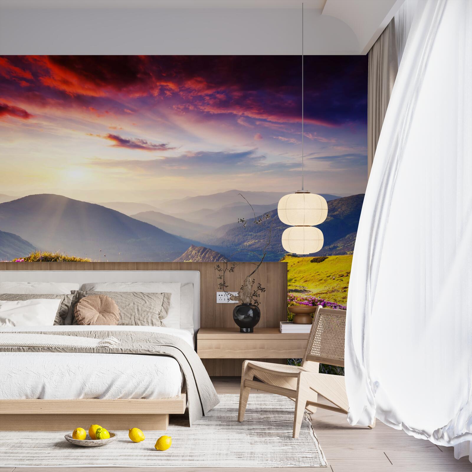 Papier peint à l'aube, les collines s'animent de couleurs vives