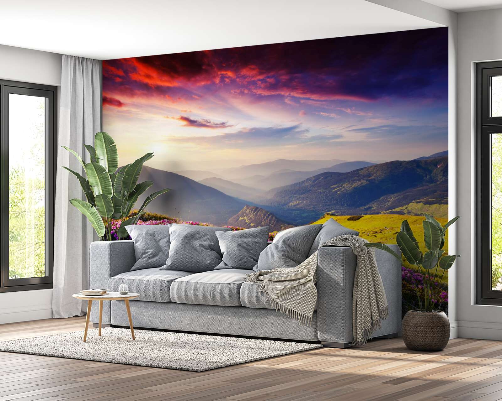 Papier peint à l'aube, les collines s'animent de couleurs vives