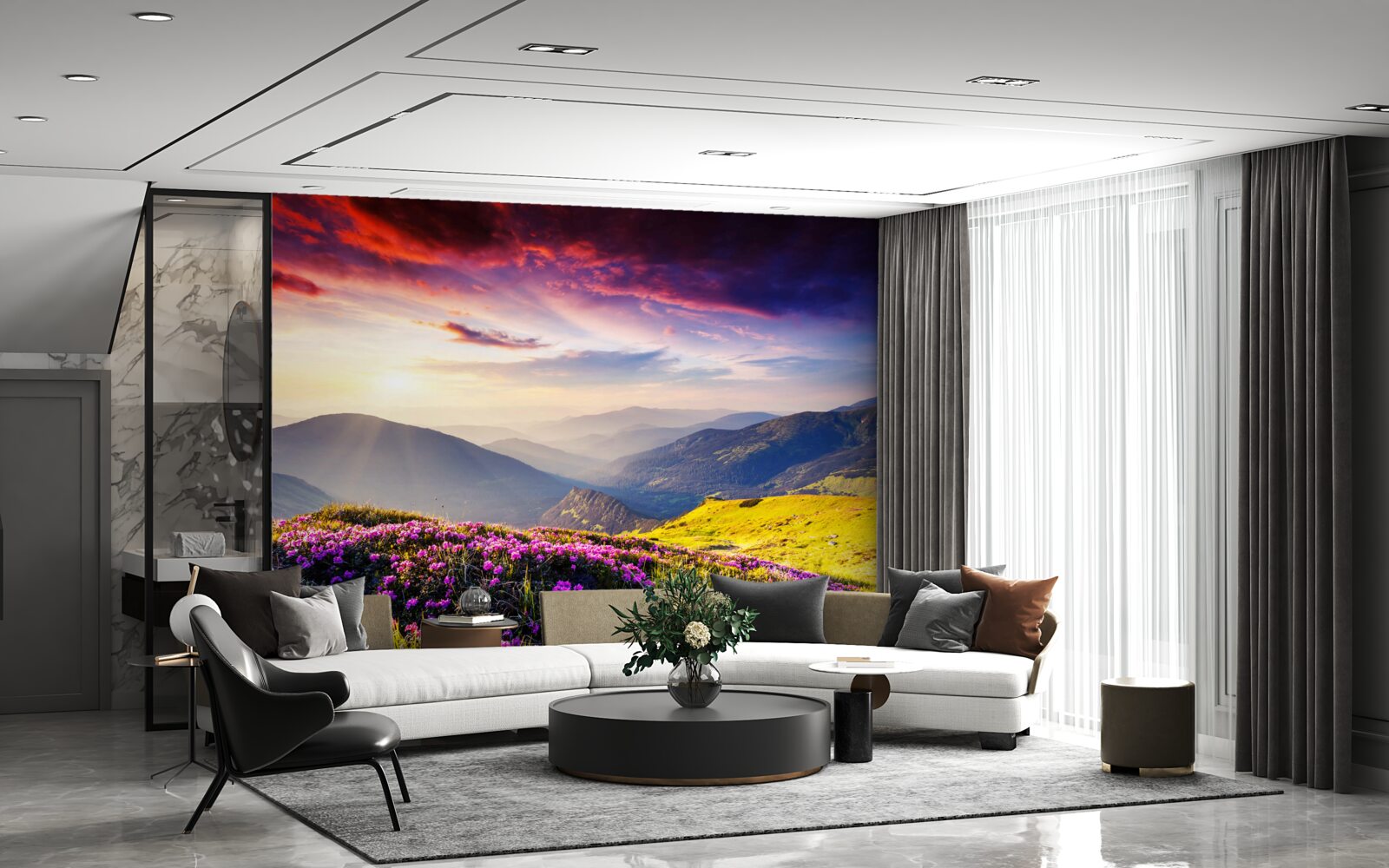 Papier peint à l'aube, les collines s'animent de couleurs vives