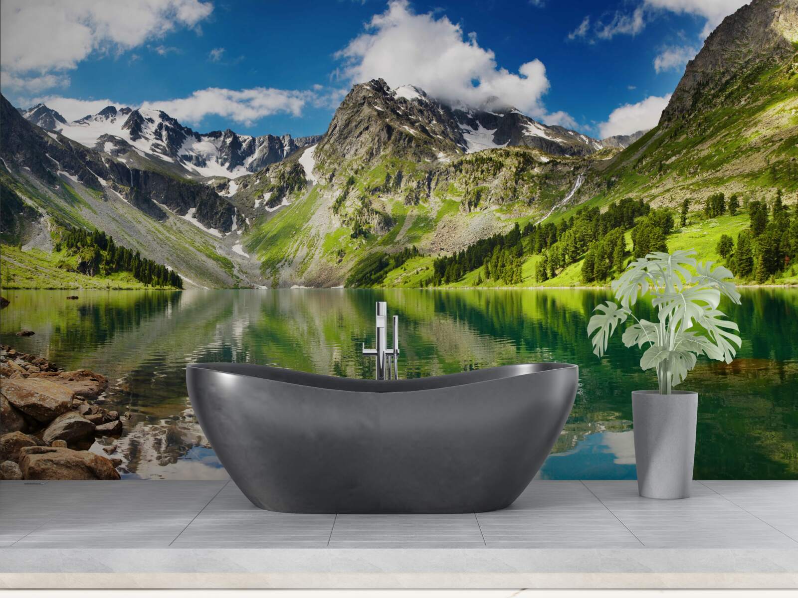 Papier peint les eaux calmes d'un lac de montagne par une journée d'été