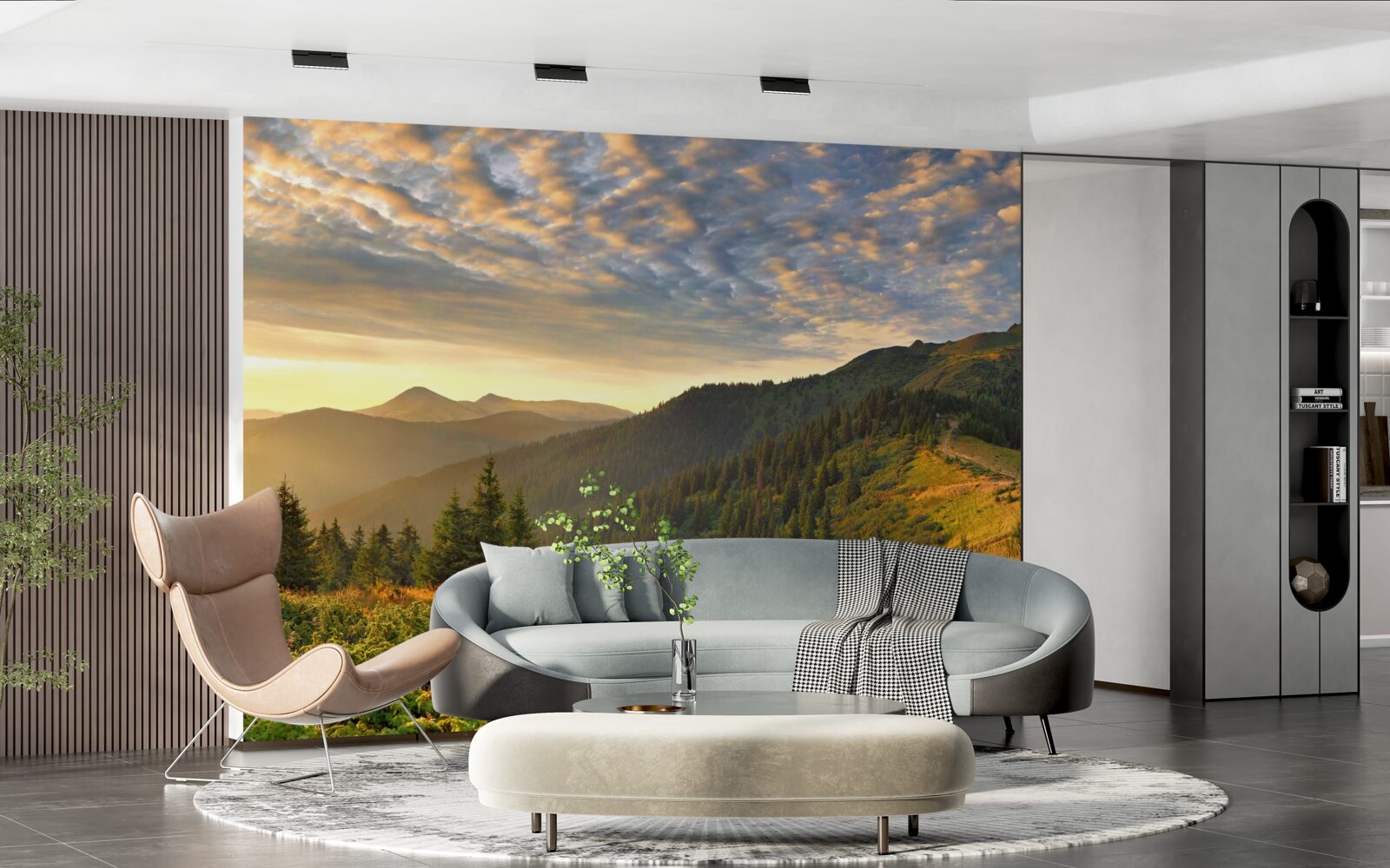 Papier peint les nuages au-dessus des montagnes sont peints dans les couleurs chaudes du coucher de soleil