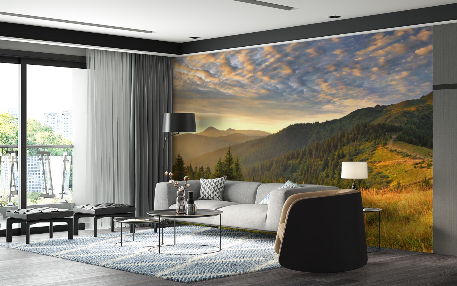 Papier peint les nuages au-dessus des montagnes sont peints dans les couleurs chaudes du coucher de soleil