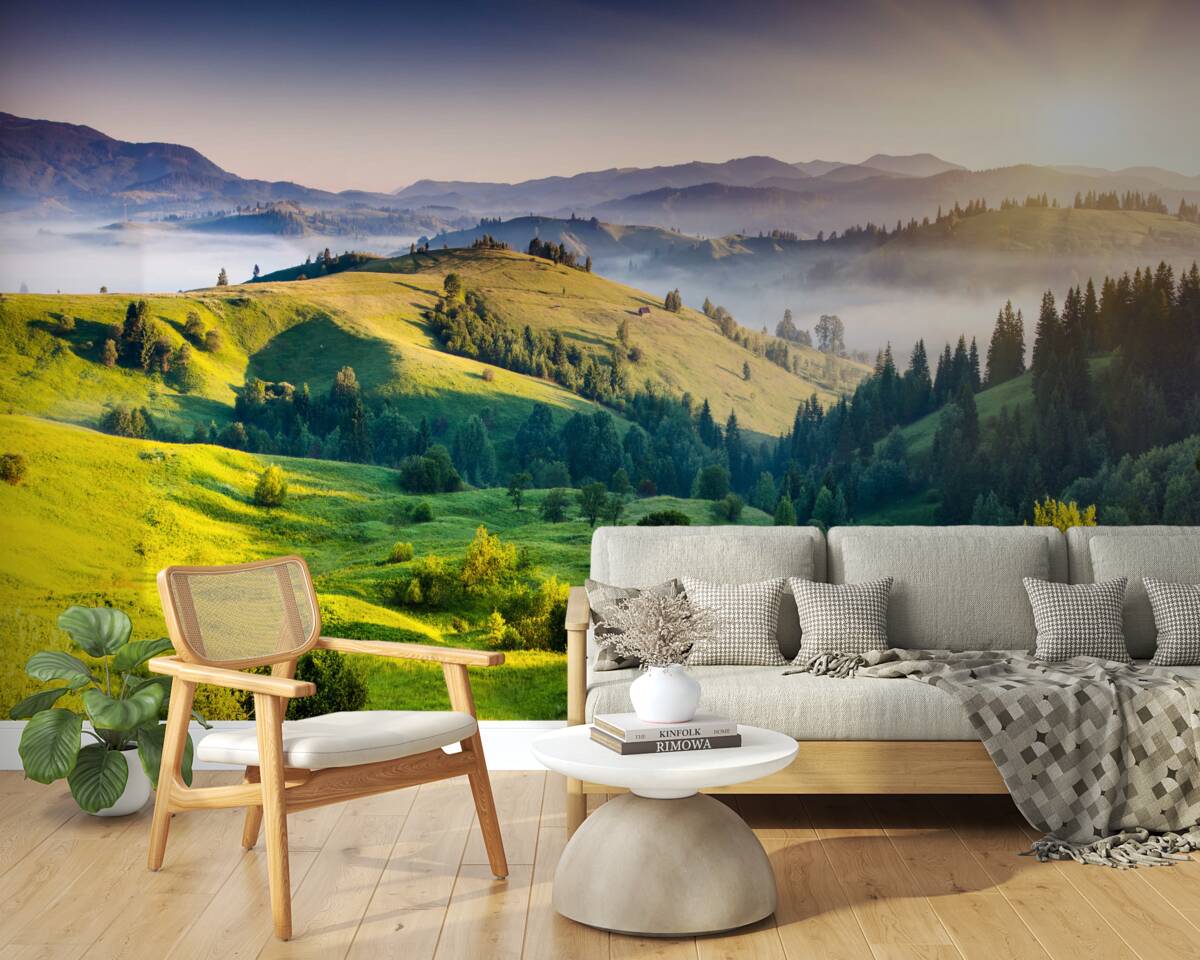 Papier peint les prairies de montagne s'animent dans les chauds rayons de l'aube