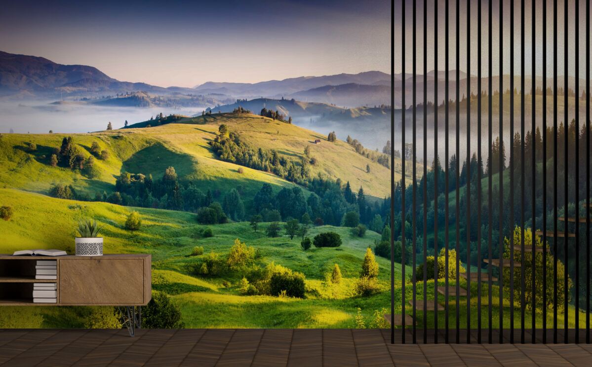 Papier peint les prairies de montagne s'animent dans les chauds rayons de l'aube