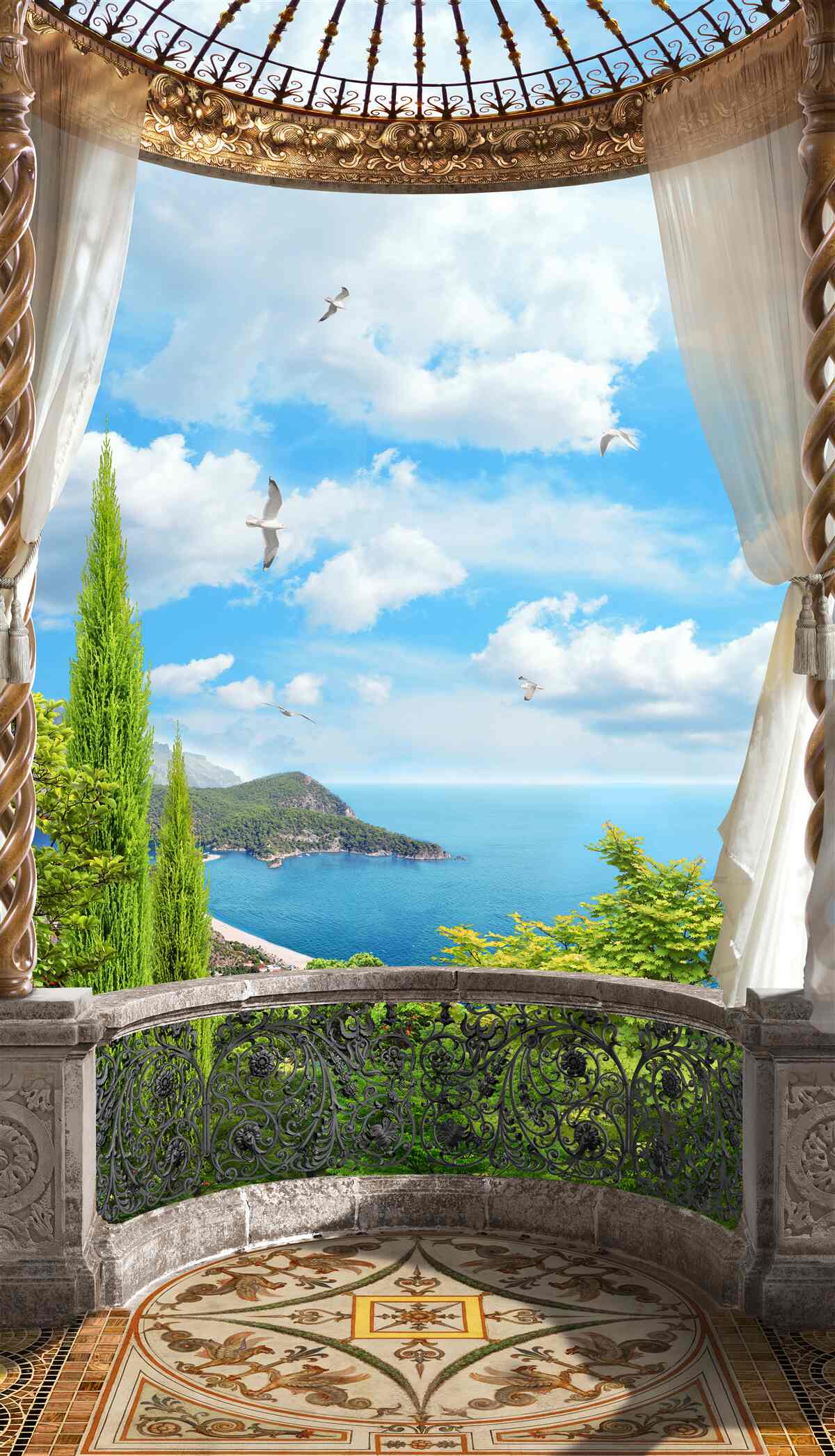 Papier peint véranda avec vue panoramique sur la mer