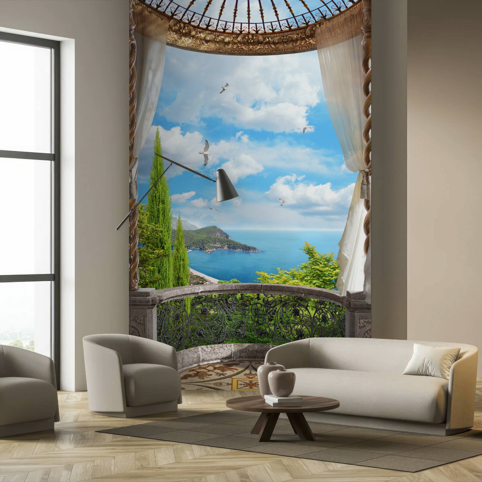 Papier peint véranda avec vue panoramique sur la mer