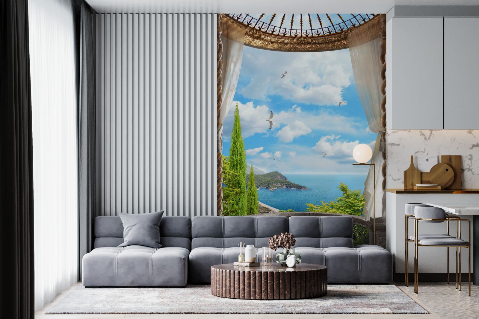 Papier peint véranda avec vue panoramique sur la mer