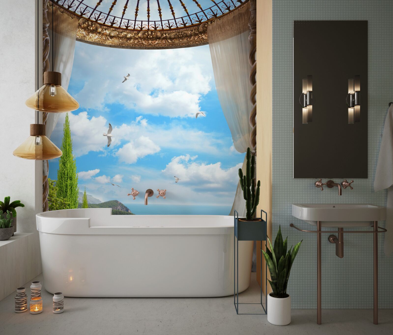 Papier peint véranda avec vue panoramique sur la mer