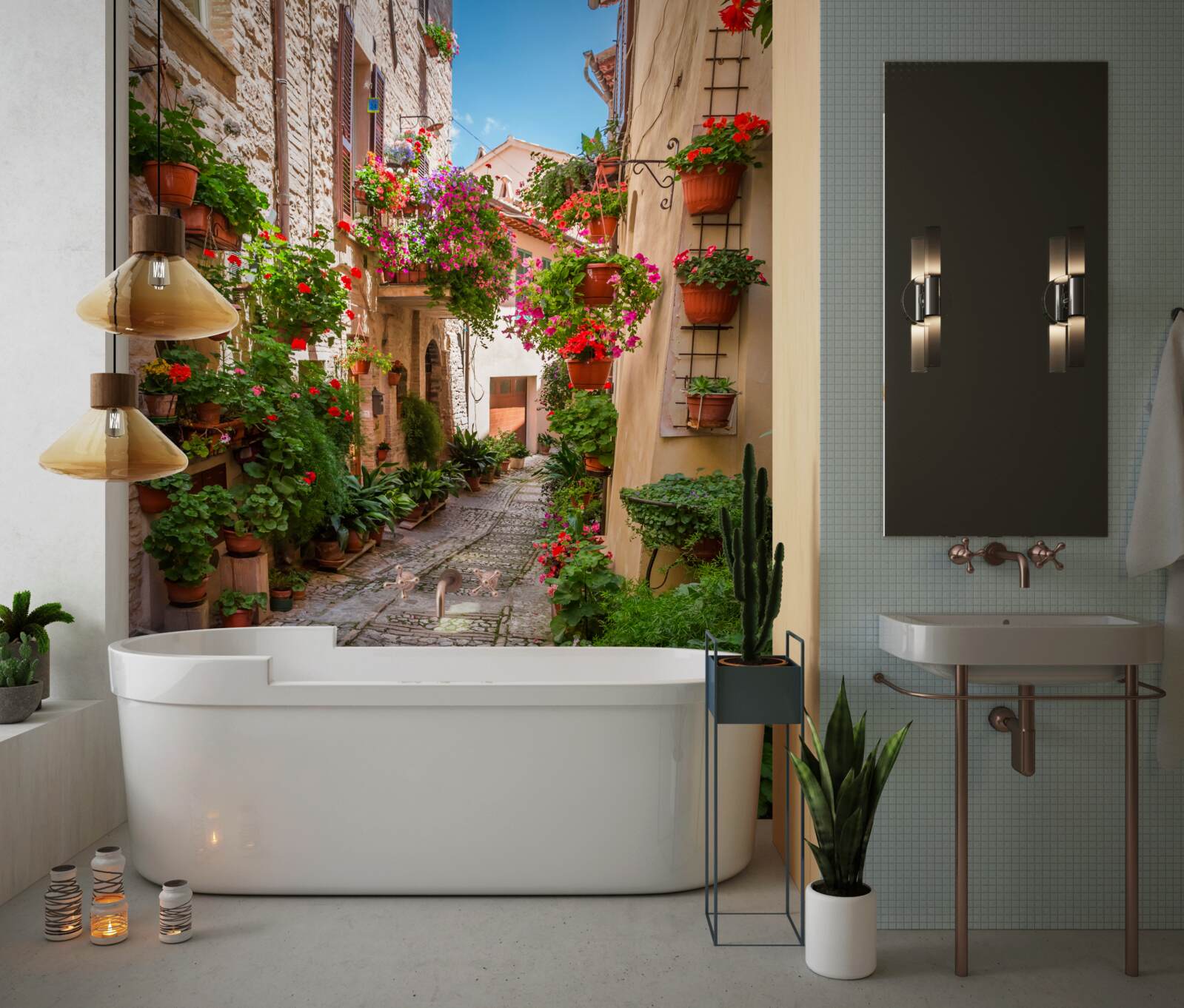 Papier peint vieille rue avec un trottoir en pierre