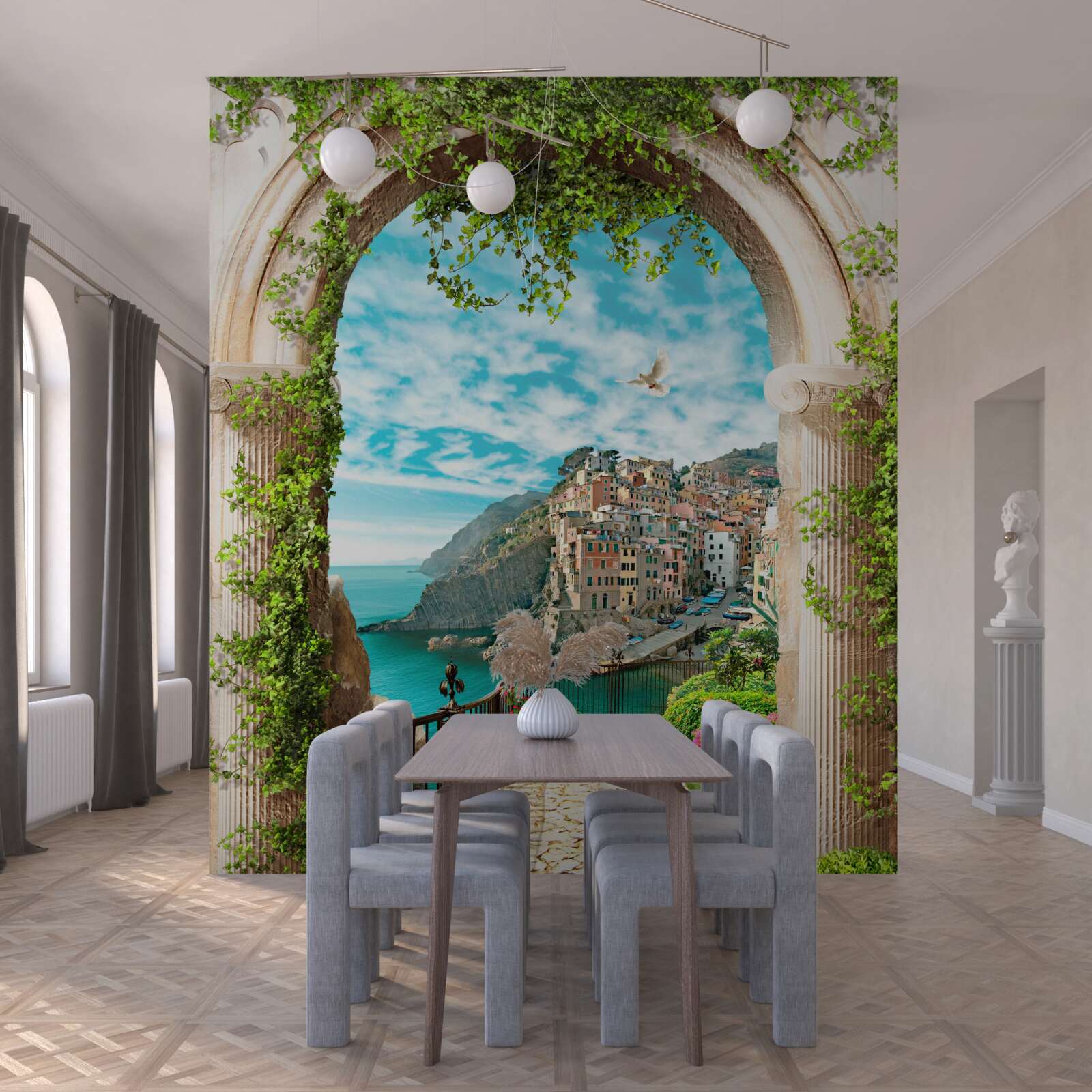 Papier peint arche en pierre et route menant à la ville