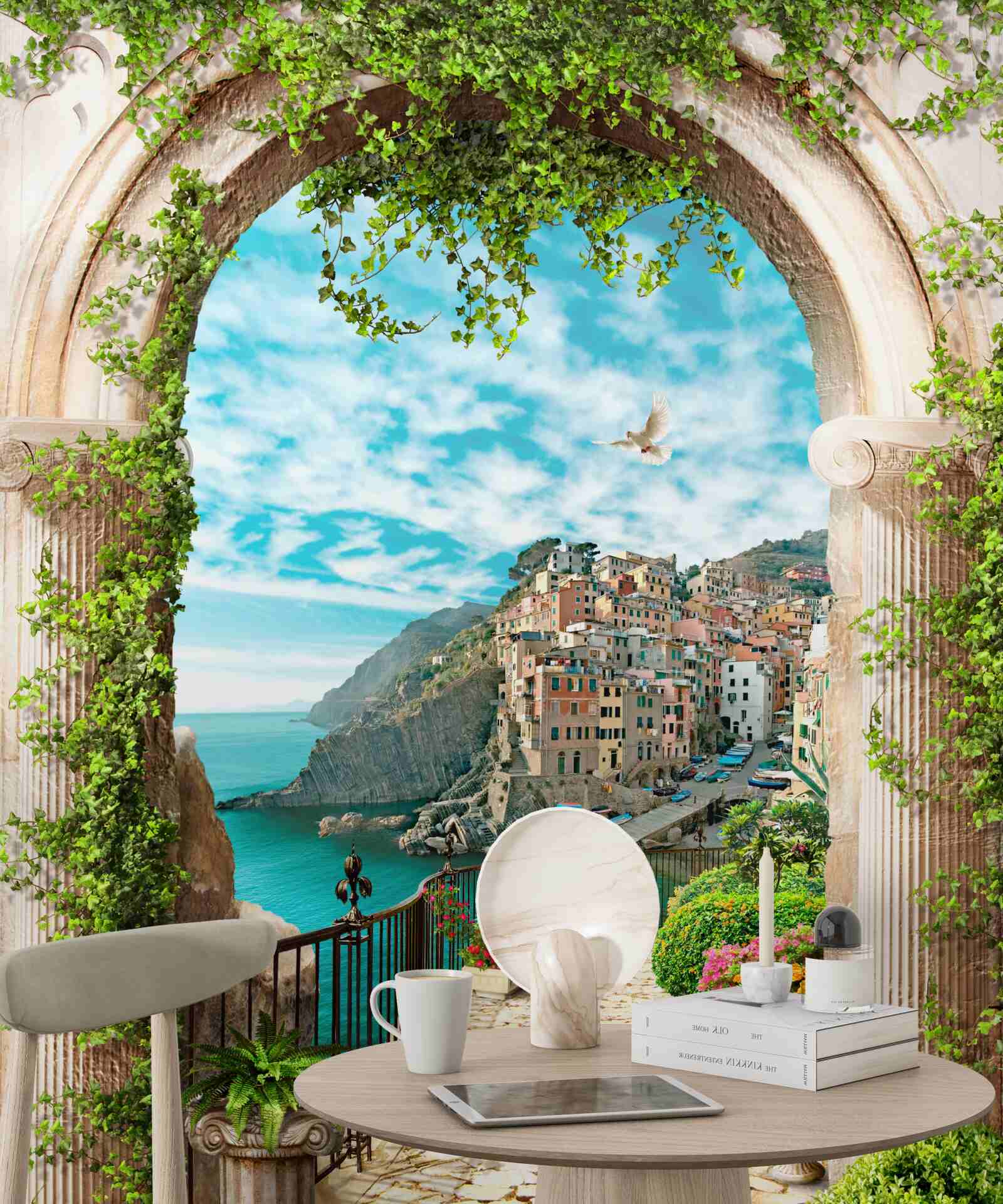 Papier peint arche en pierre et route menant à la ville