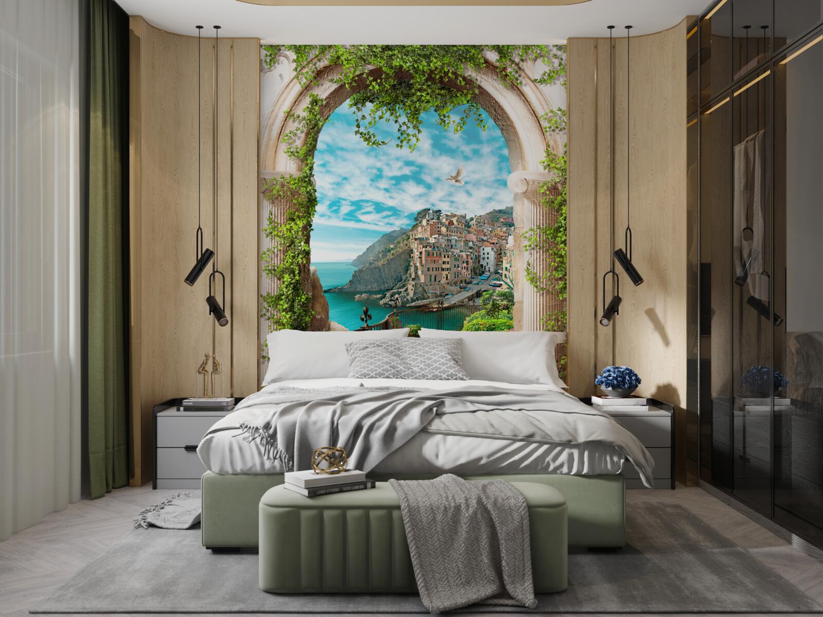 Papier peint arche en pierre et route menant à la ville