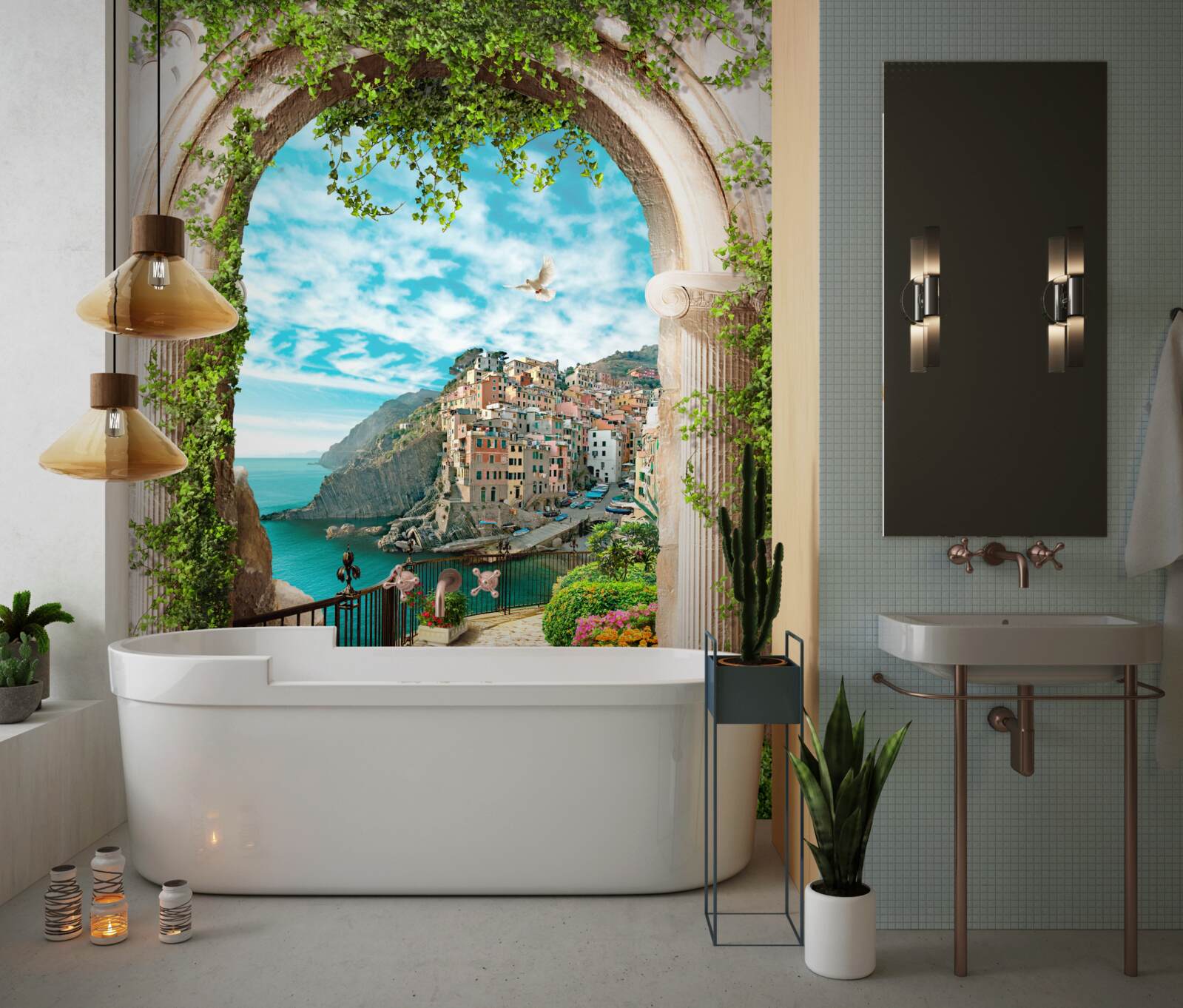 Papier peint arche en pierre et route menant à la ville