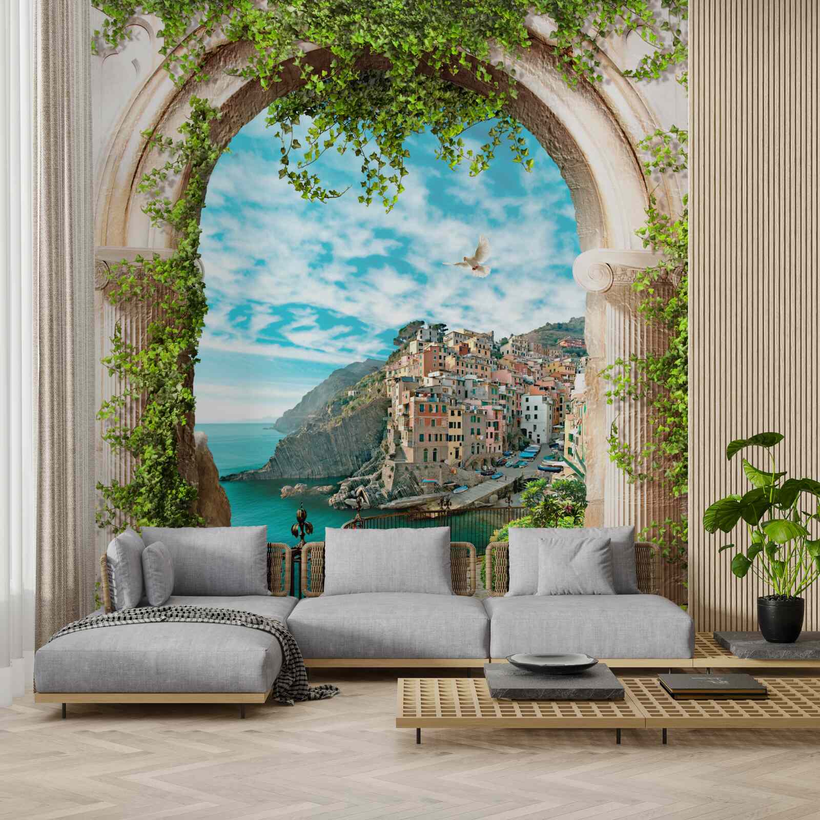 Papier peint arche en pierre et route menant à la ville