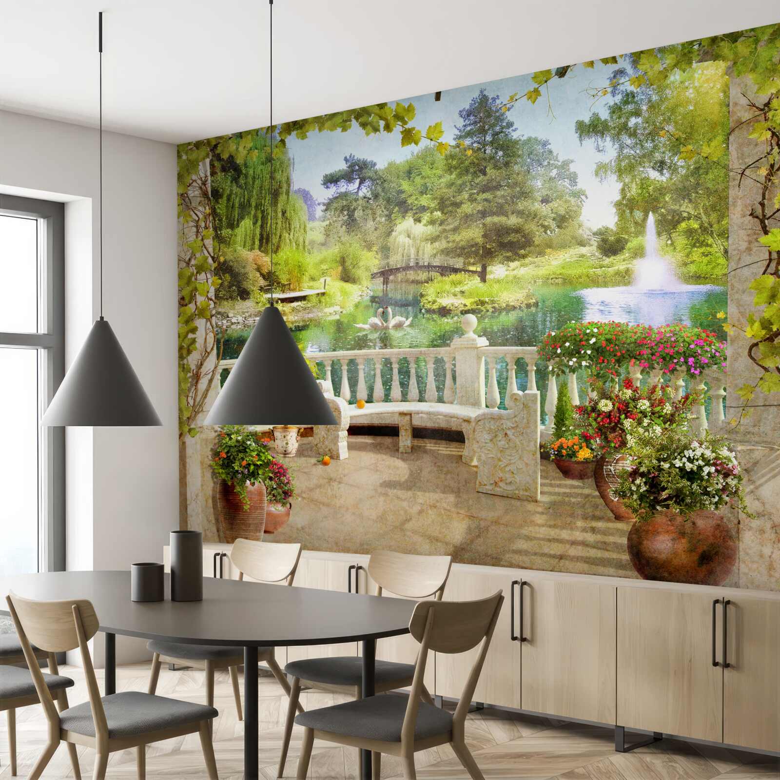 Papier peint Cygnes au bord du lac sur la terrasse