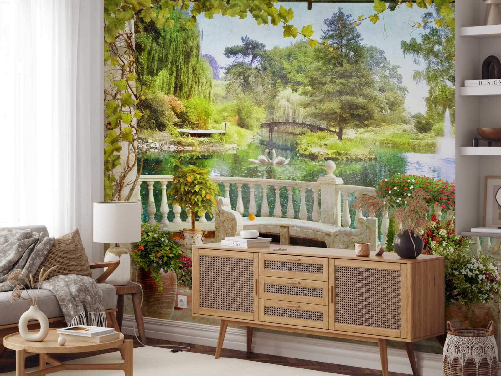 Papier peint Cygnes au bord du lac sur la terrasse