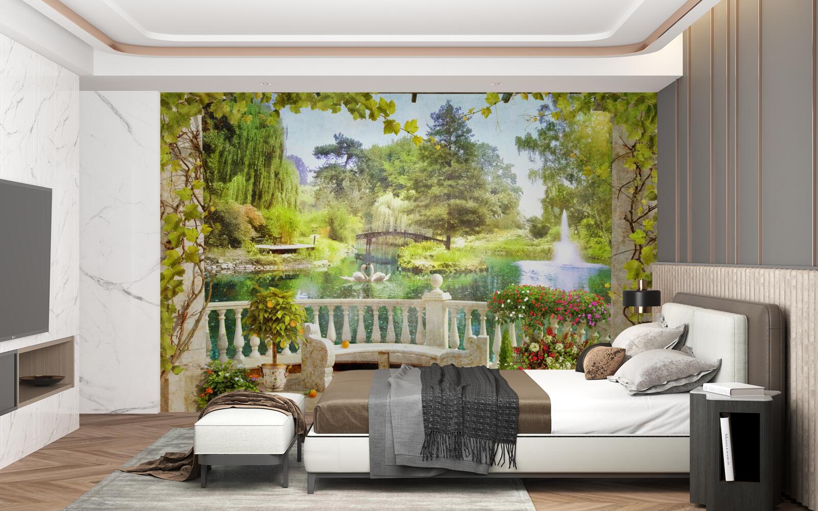 Papier peint Cygnes au bord du lac sur la terrasse