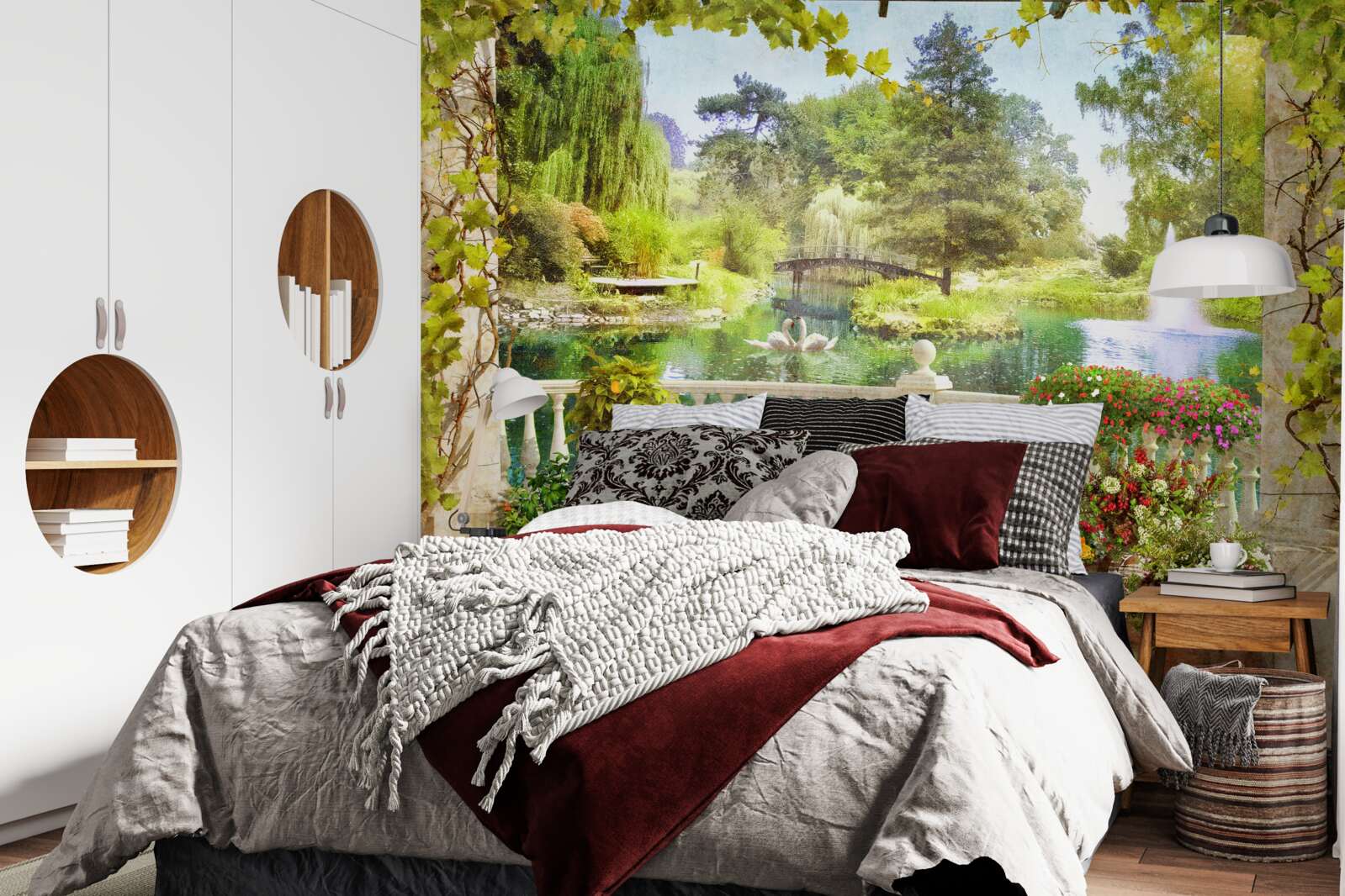 Papier peint Cygnes au bord du lac sur la terrasse