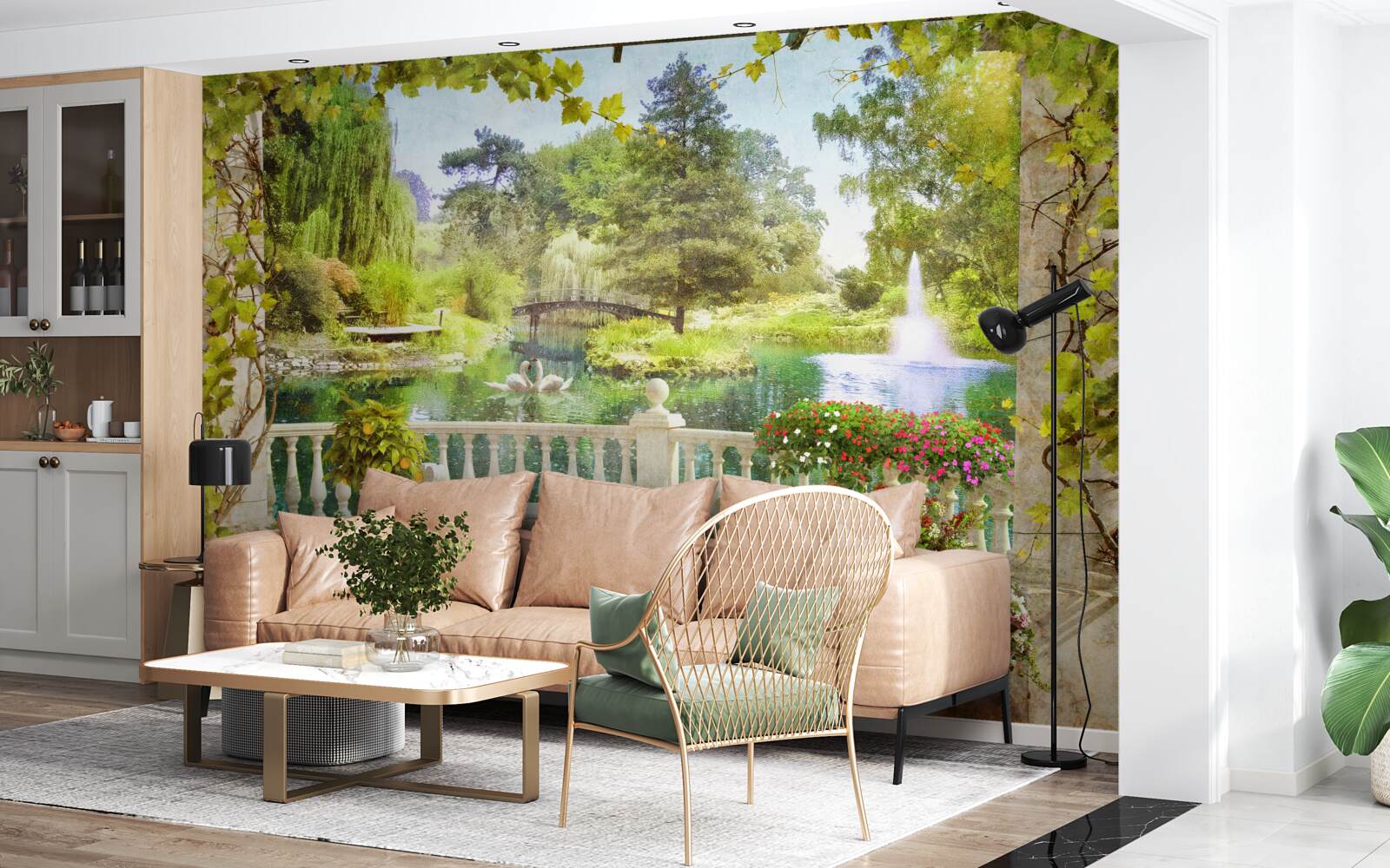 Papier peint Cygnes au bord du lac sur la terrasse