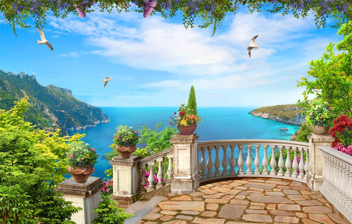 Papier peint balcon confortable avec vue sur les profondeurs de la mer et les sommets des montagnes