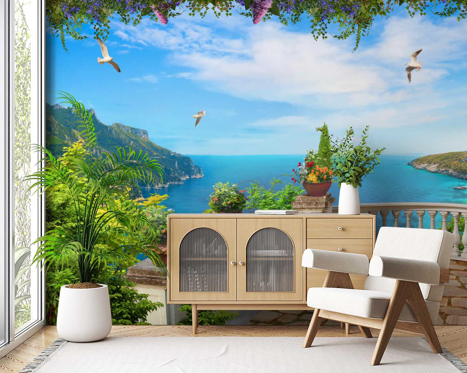 Papier peint balcon confortable avec vue sur les profondeurs de la mer et les sommets des montagnes